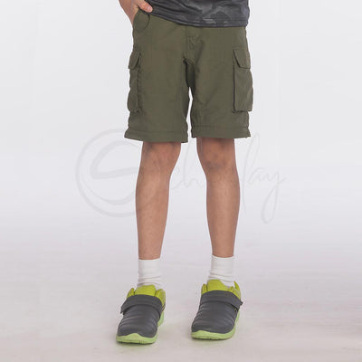 Olive 4 in 1 Convertible Cargos Full Pant, three quarters, Shorts and Pouch