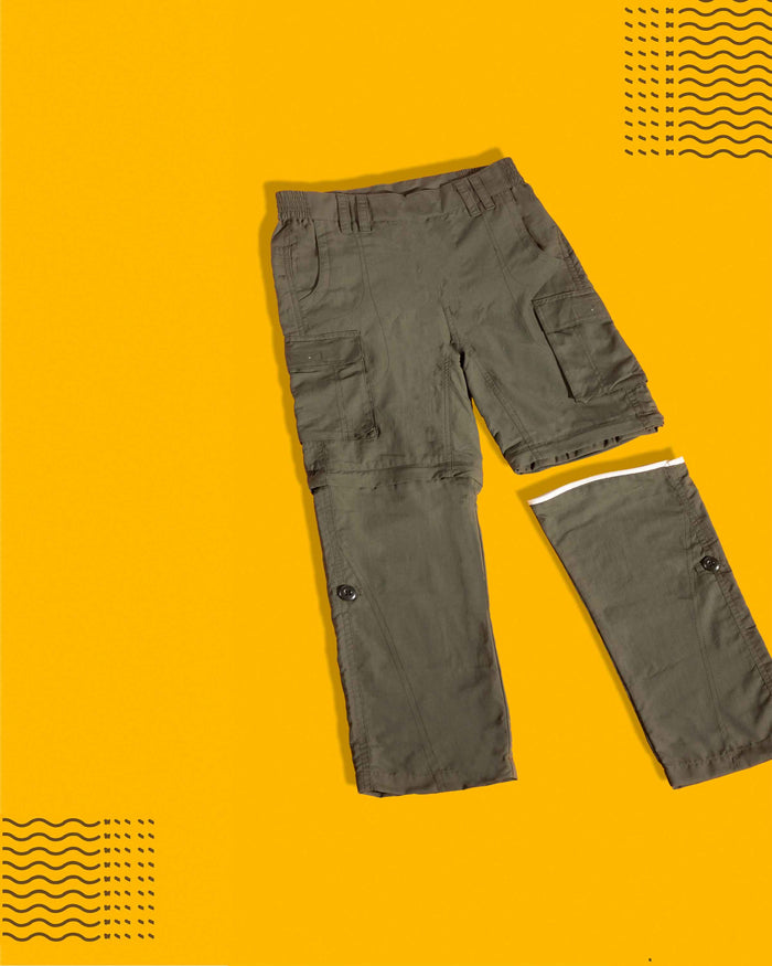 Olive 4 in 1 Convertible Cargos Full Pant, three quarters, Shorts and Pouch