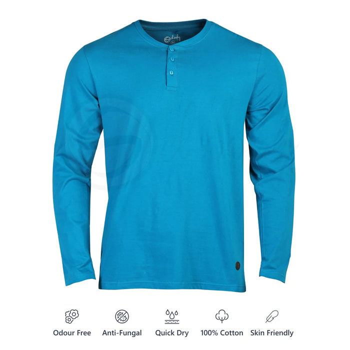 Zero Stain 100 Percent Premium Cotton Full Sleeve Turquoise Blue Henley T shirt