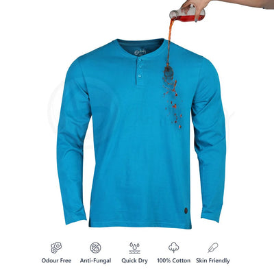 Zero Stain 100 Percent Premium Cotton Full Sleeve Turquoise Blue Henley T shirt